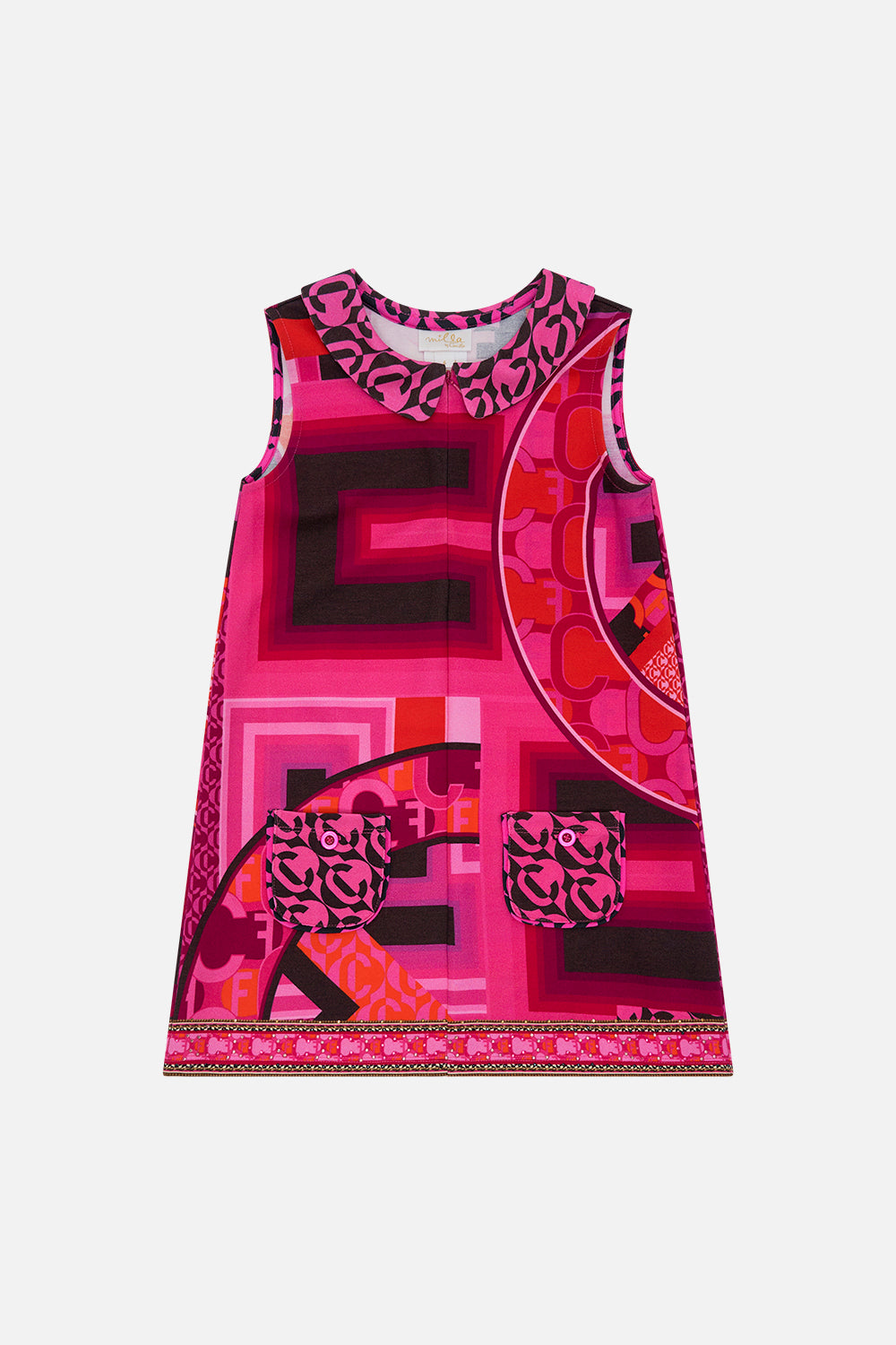 Product view of MILLA BY CAMILLA kids pink shift dress in Ciao Palazzo print