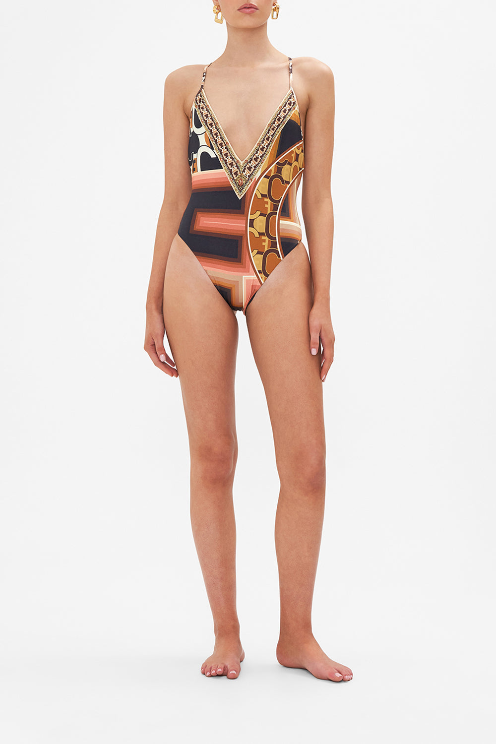 Front view of model wearing CAMILLA plunge one piece swimsuit in Feeling Fresco print