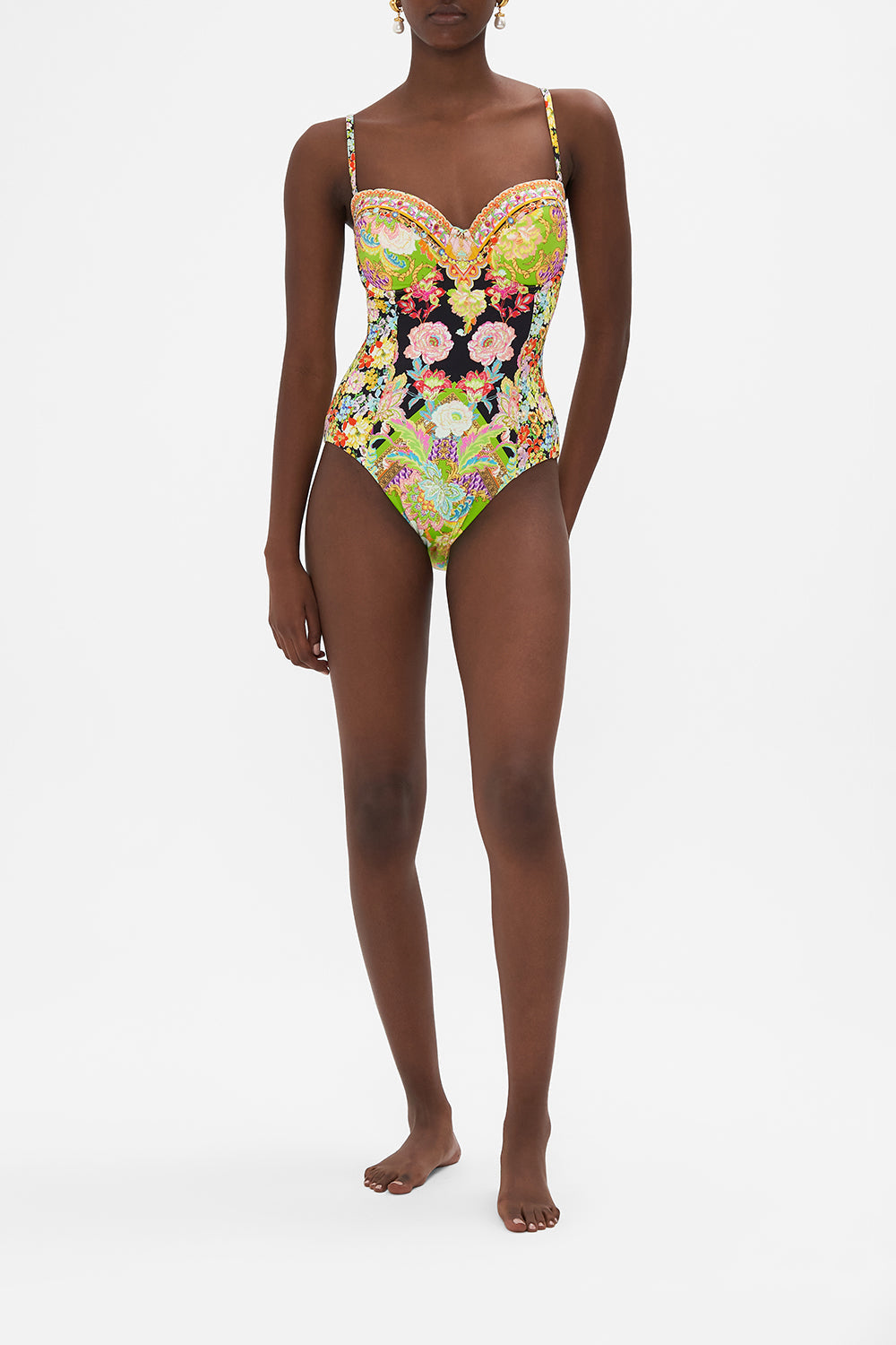 Front view of model wearing CAMILLA swimwear one piece swimsuit in Sundowners in Sicily print 