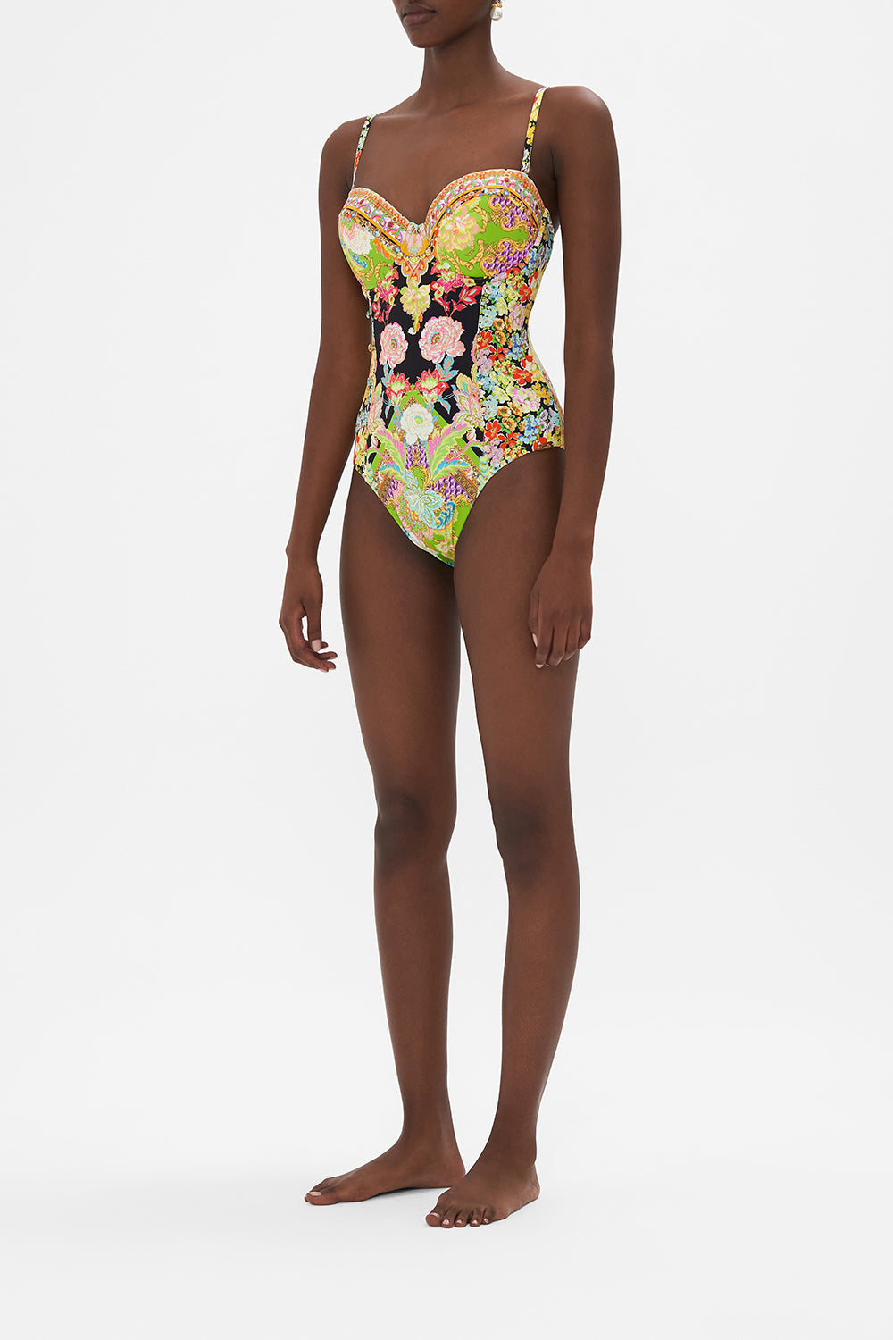 Side view of model wearing CAMILLA swimwear one piece swimsuit in Sundowners in Sicily print 