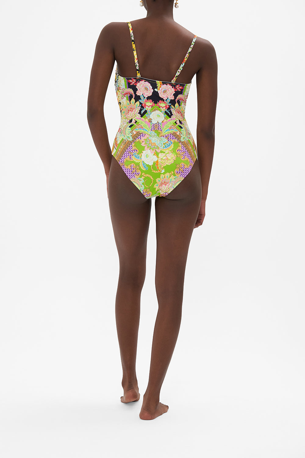 Back view of model wearing CAMILLA swimwear one piece swimsuit in Sundowners in Sicily print 