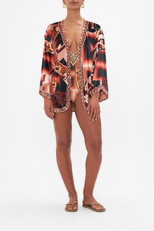 Front view of model wearing CAMILLA terry towelling robe in Feeling Fresco print