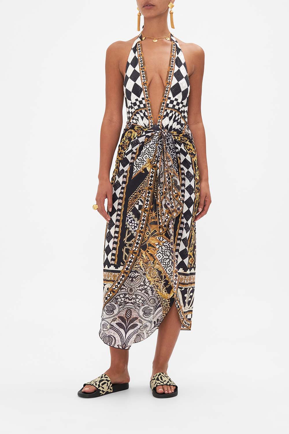 Front view of model wearing CAMILLA  resortwear layered long sarong in Look Up Tesoro print