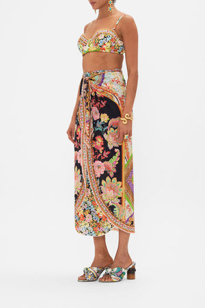 Side view of model wearing CAMILLA resortwear long sarong in Sundowners in Sicily print