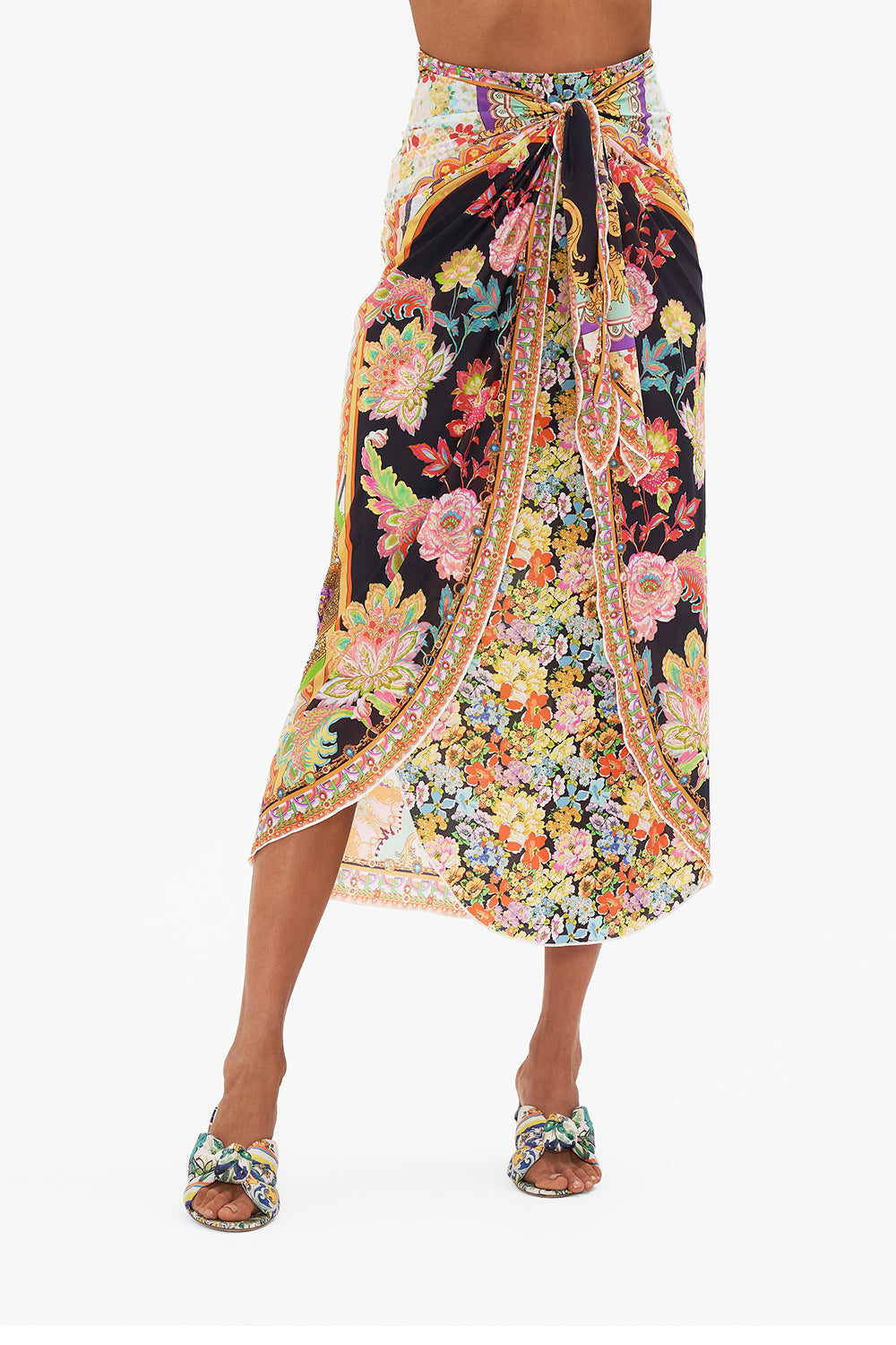 Crop view of model wearing CAMILLA resortwear long sarong in Sundowners in Sicily print
