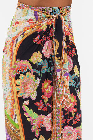 Detail view of model wearing CAMILLA resortwear long sarong in Sundowners in Sicily print