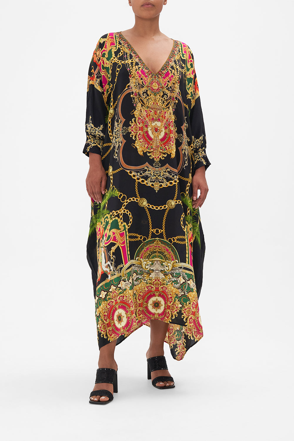 Front view of model wearing CAMILLA silk  kaftan in Jealousy And Jewels print