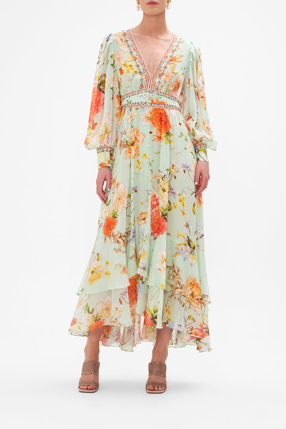Front view of model wearing CAMILLA silk floral maxi dress in Talk The Walk print