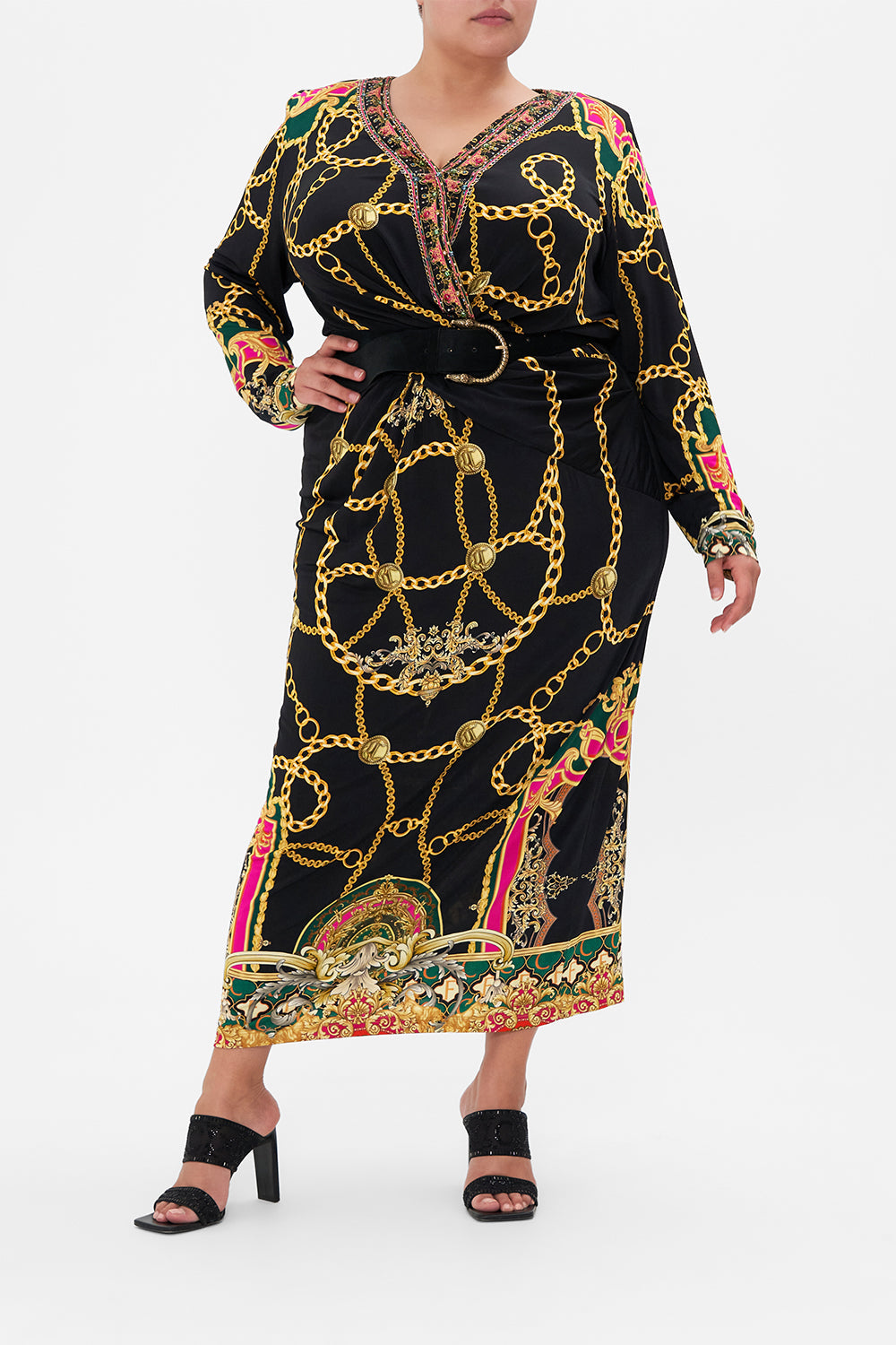 Front view of curvy model wearing CAMILLA jersey maxi dress in Jealousy And Jewels print