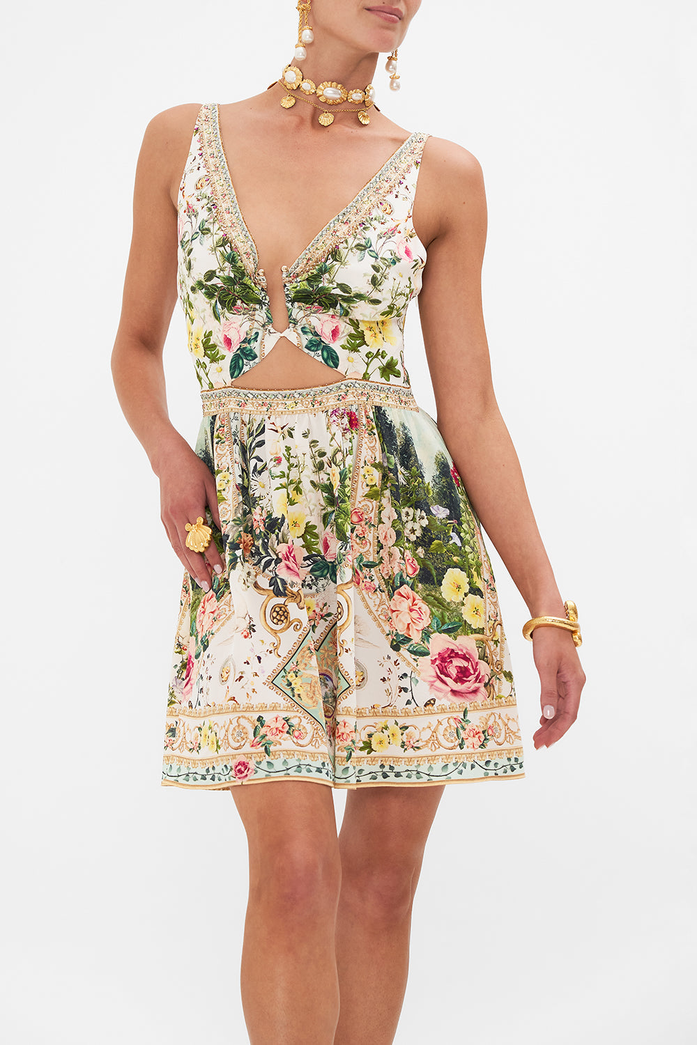 Crop view of model wearing CAMILLA cut out mini dress in Renaissance Romance print