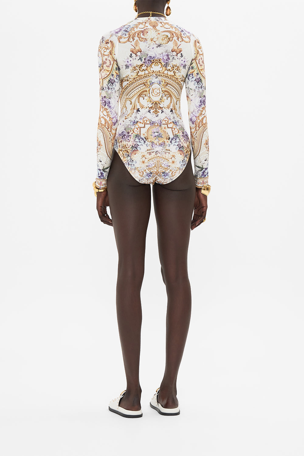 Back view of model wearing CAMILLA womens paddlesuit in Palazzo Playdate print 