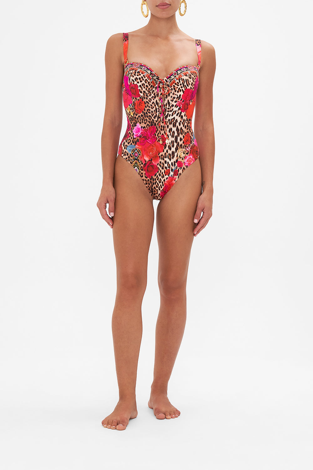 Front view of model wearing CAMILLA resortwear one piece swimsuit in Heart Like A Wildflower print