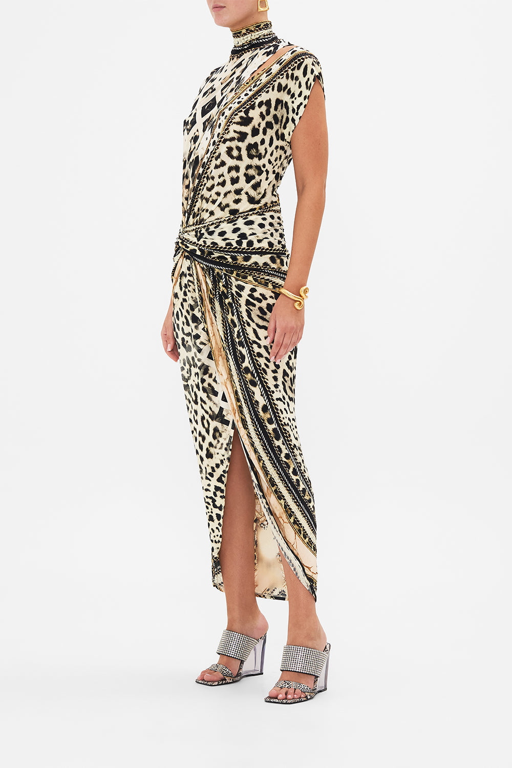 Side view of model wearing CAMILLA jersey animal print dress in Mosaic Muse print