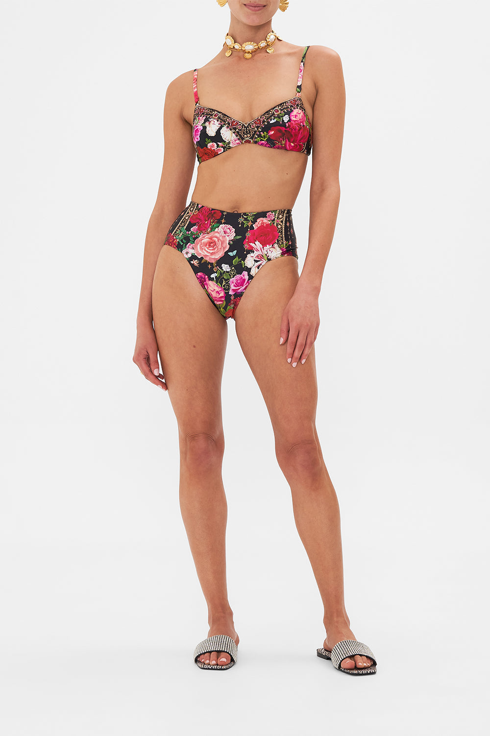 Front view of model wearing CAMILLA floral bra in Reservation For Love print