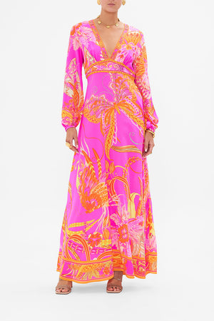 Front view of model wearing CAMILLA pink silk dress in A Heart That Flutters print