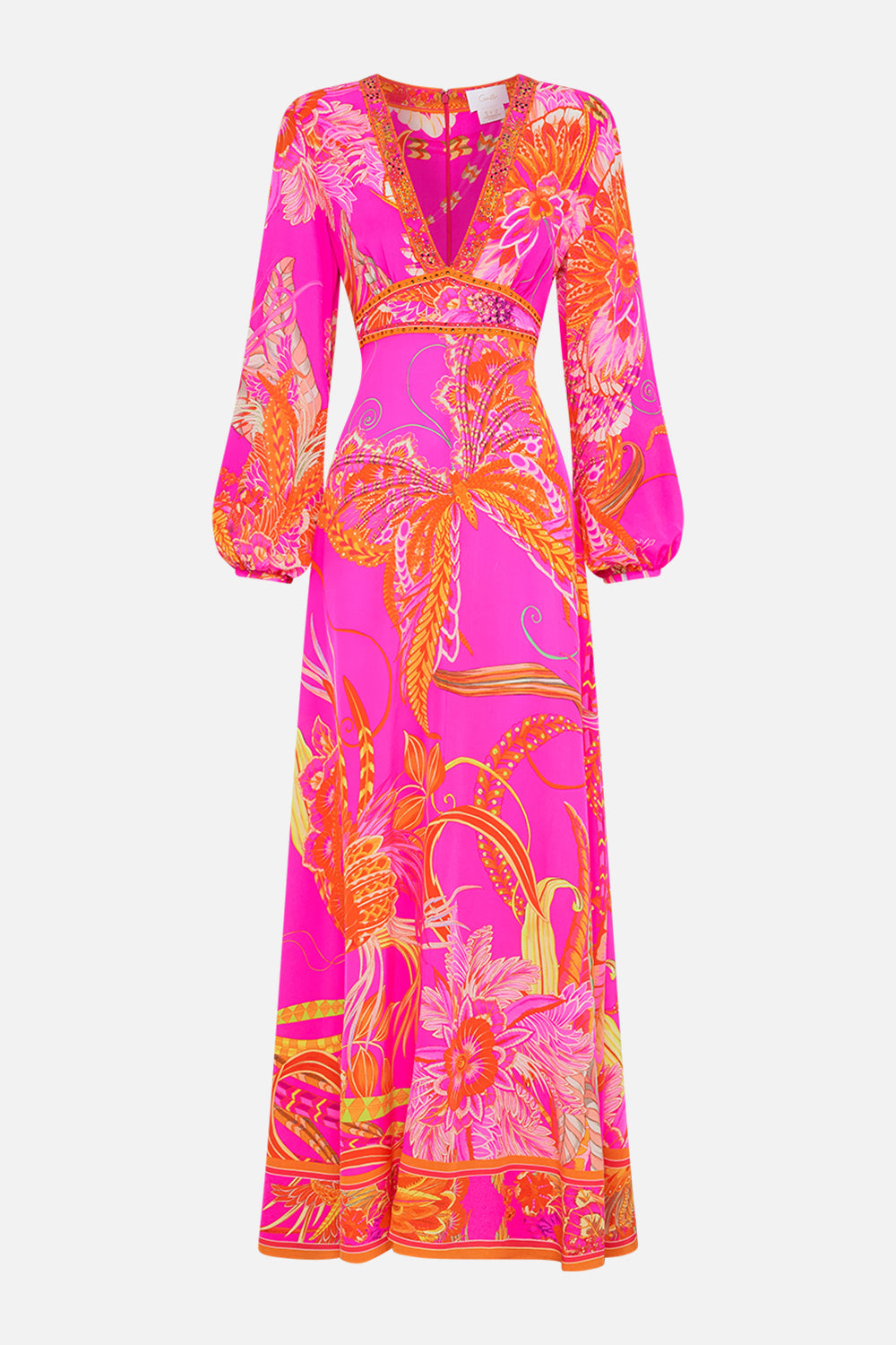 Product view of CAMILLA pink silk dress in A Heart That Flutters print