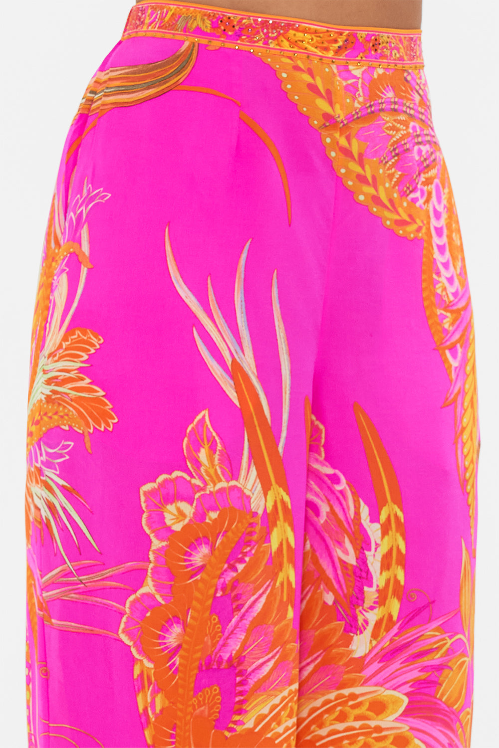 Detail view of model wearing CAMILLA silk wide leg pant in A Heart That Flutters print