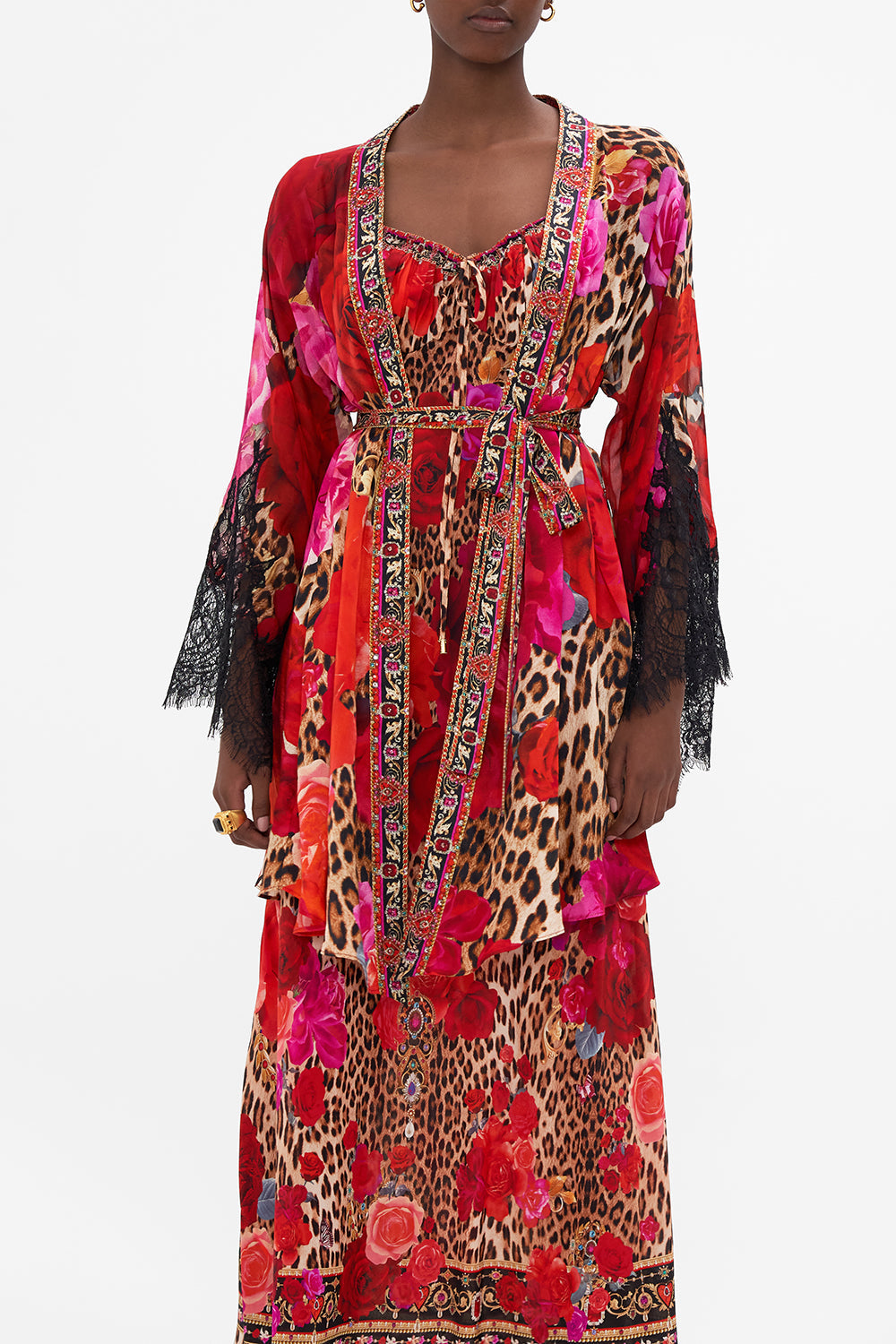 Crop view of model wearing CAMILLA silk kimono jacket in Heart Like A Wildflower print 