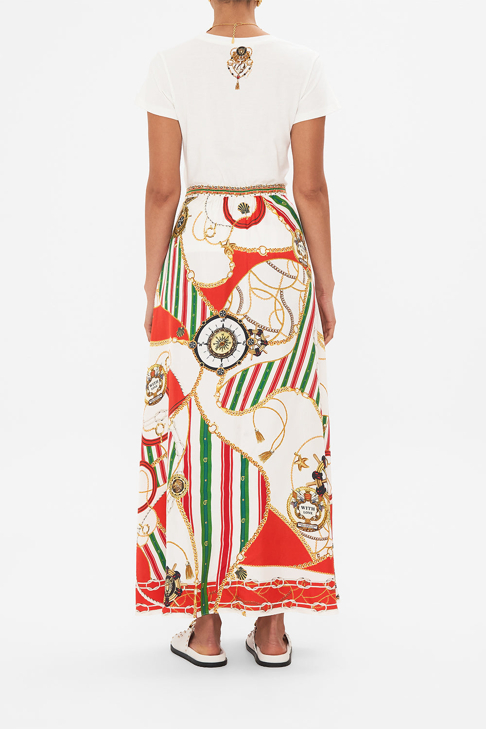 Back view of model wearing CAMILLA button through skirt in Saluti Summertime print