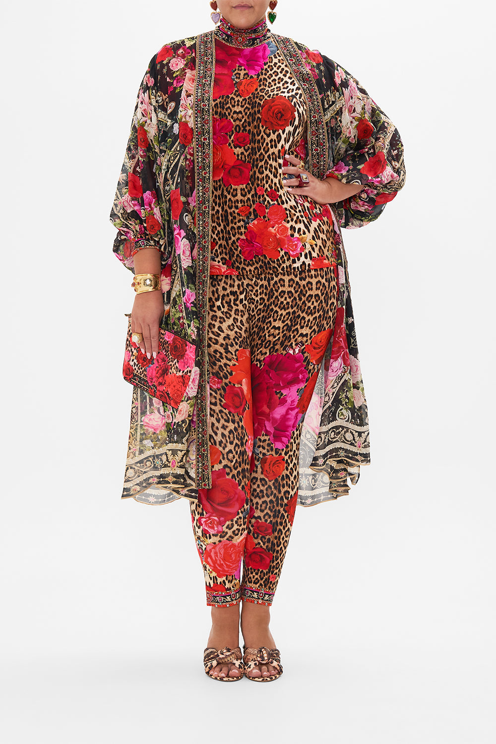 Front view of curvy model wearing CAMILLA  plus size turtleneck in Heart Like A Wildflower print