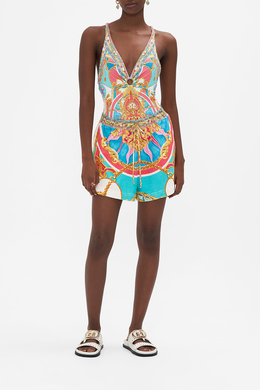 Front view of model wearing CAMILLA silk boxer short in Sail Away With Me print 