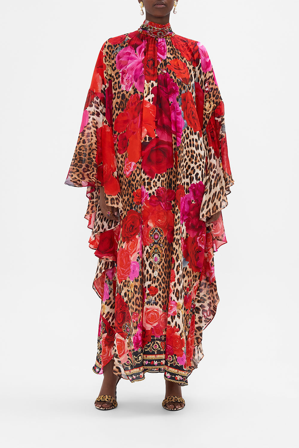 Front view of model wearing CAMILLA ruffle silk kaftan in Heart Like A Wildflower print