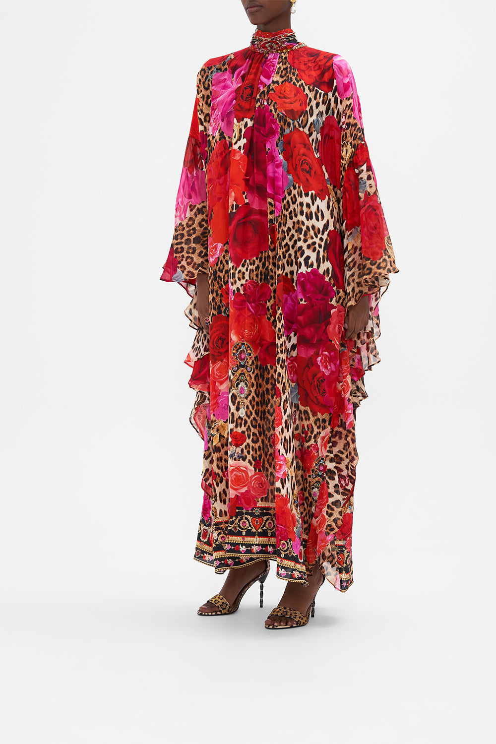 Side view of model wearing CAMILLA ruffle silk kaftan in Heart Like A Wildflower print
