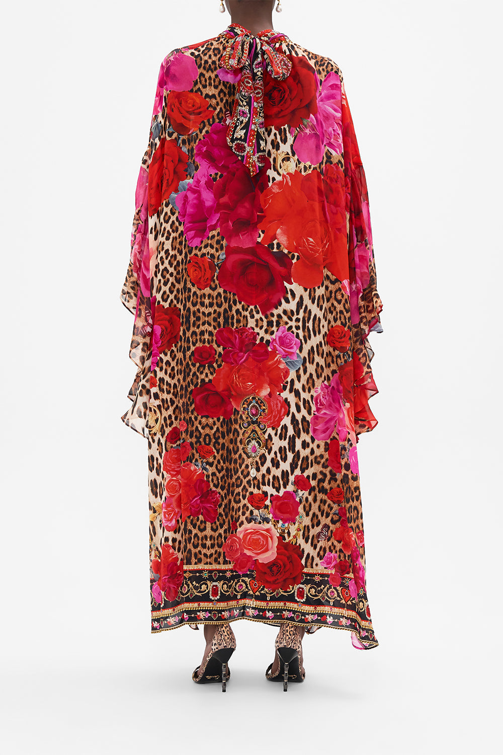 Back view of model wearing CAMILLA ruffle silk kaftan in Heart Like A Wildflower print