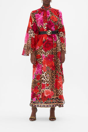 Crop view of model wearing CAMILLA ruffle silk kaftan in Heart Like A Wildflower print