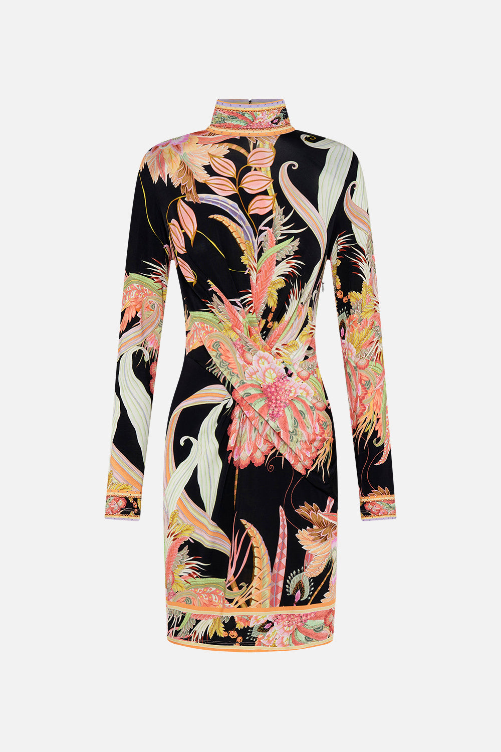 Side view of CAMILLA designer jersey mini dress in Lady of The Moon print