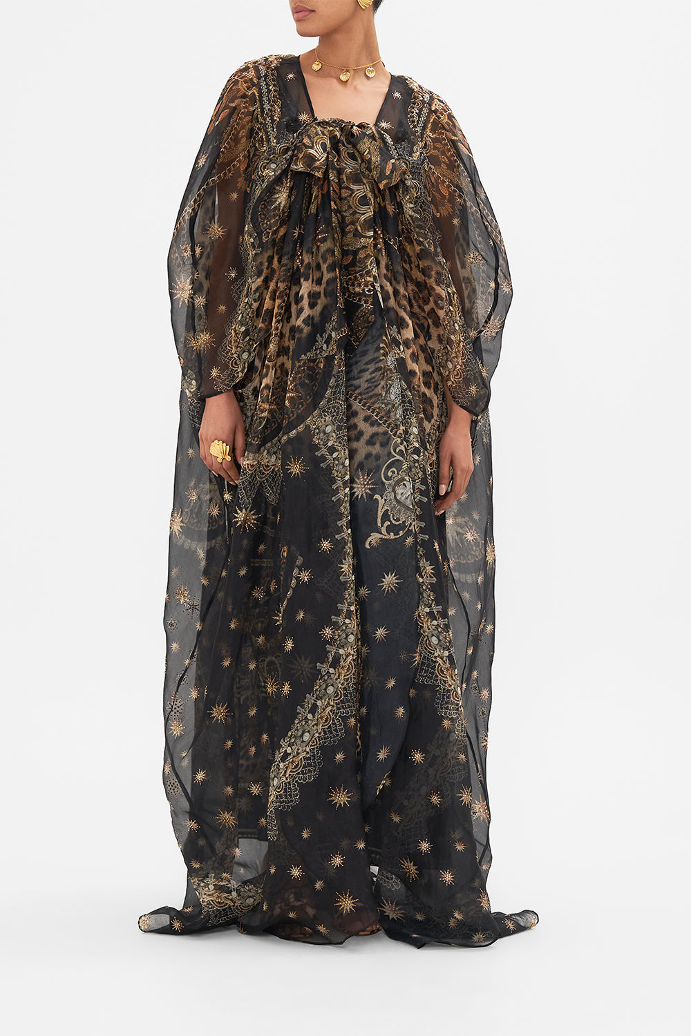 Front view of CAMILLA silk kimono layer black in Masked Moonlight print
