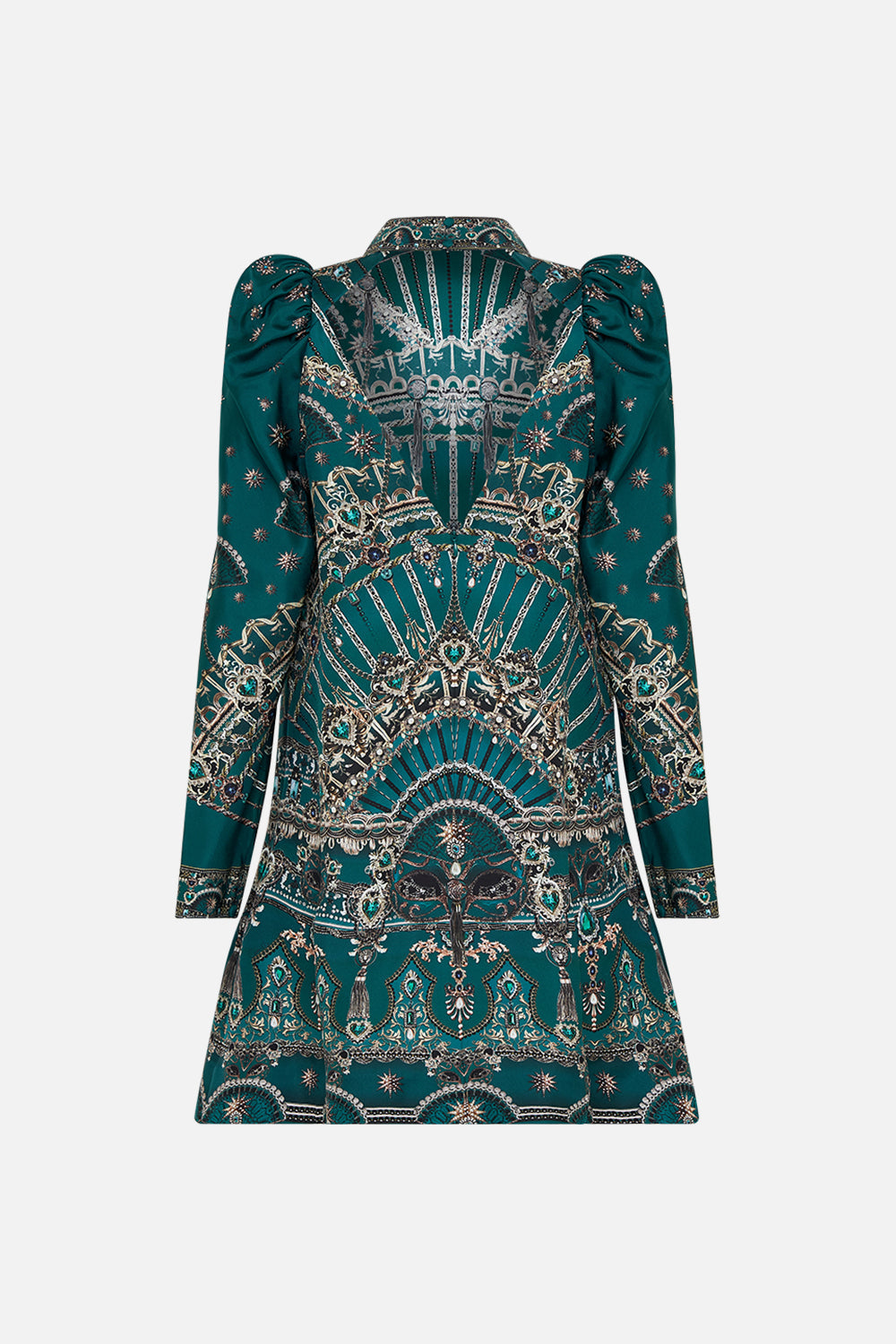 CAMILLA puff sleeve high neck mini green dress in A Venice Veil print