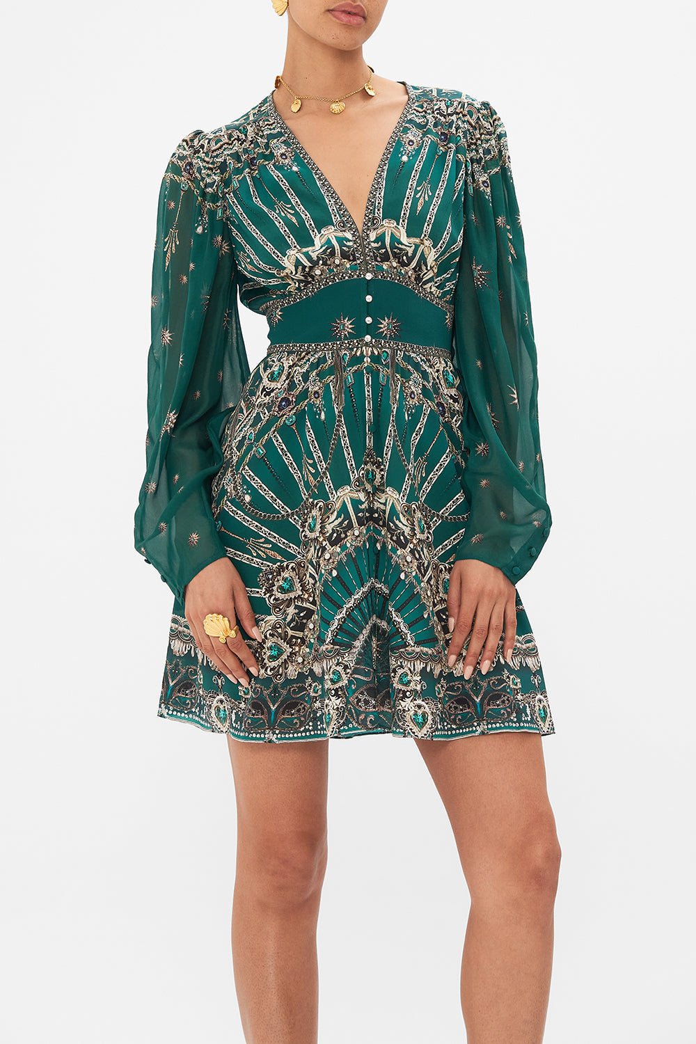 Crop view of model wearing CAMILLA silk drop sleeve dress in A Venice Veil print 