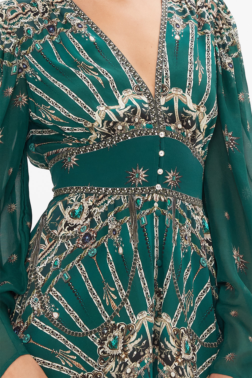 Detail view of model wearing CAMILLA silk drop sleeve dress in A Venice Veil print 