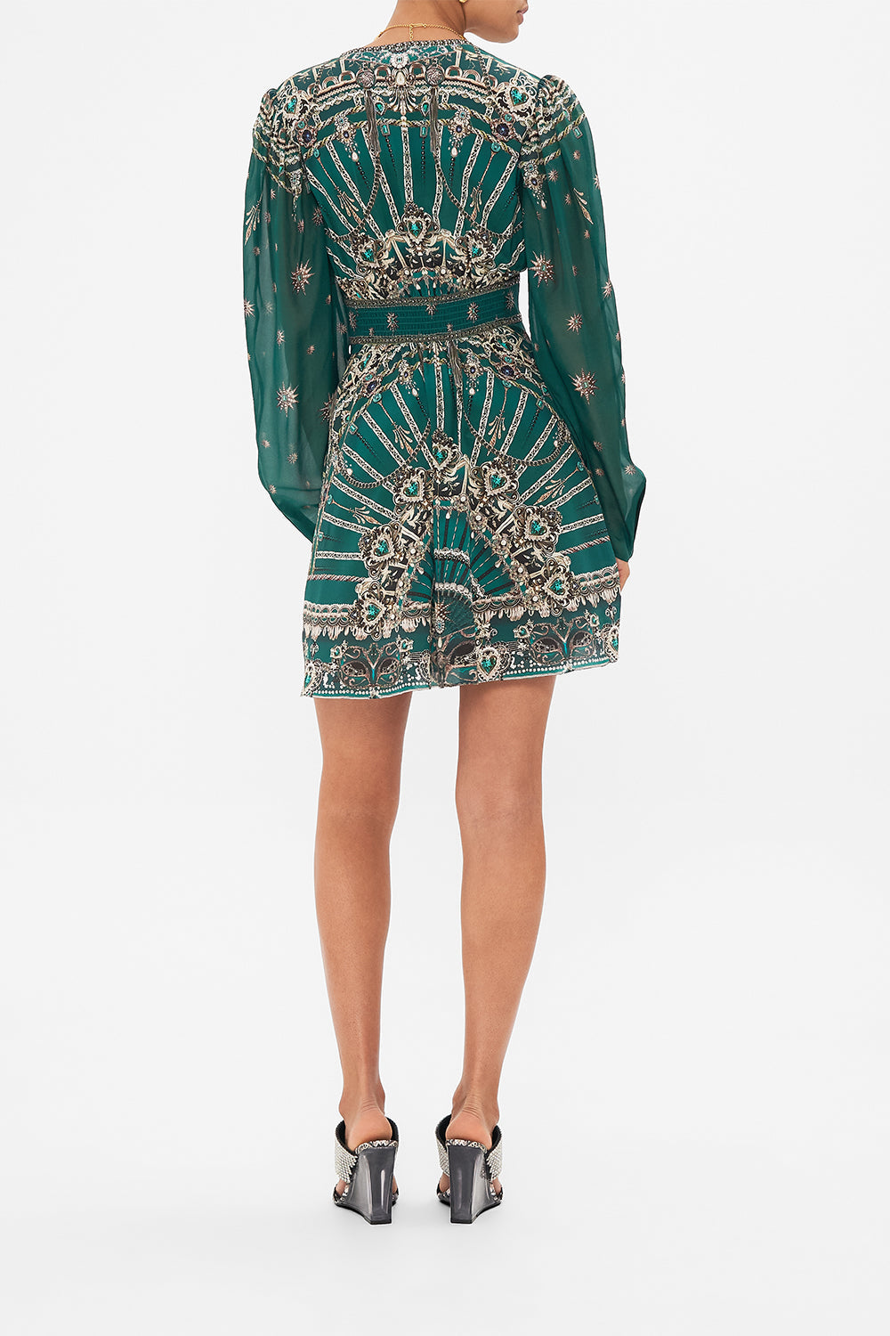 Back view of model wearing CAMILLA silk drop sleeve dress in A Venice Veil print 