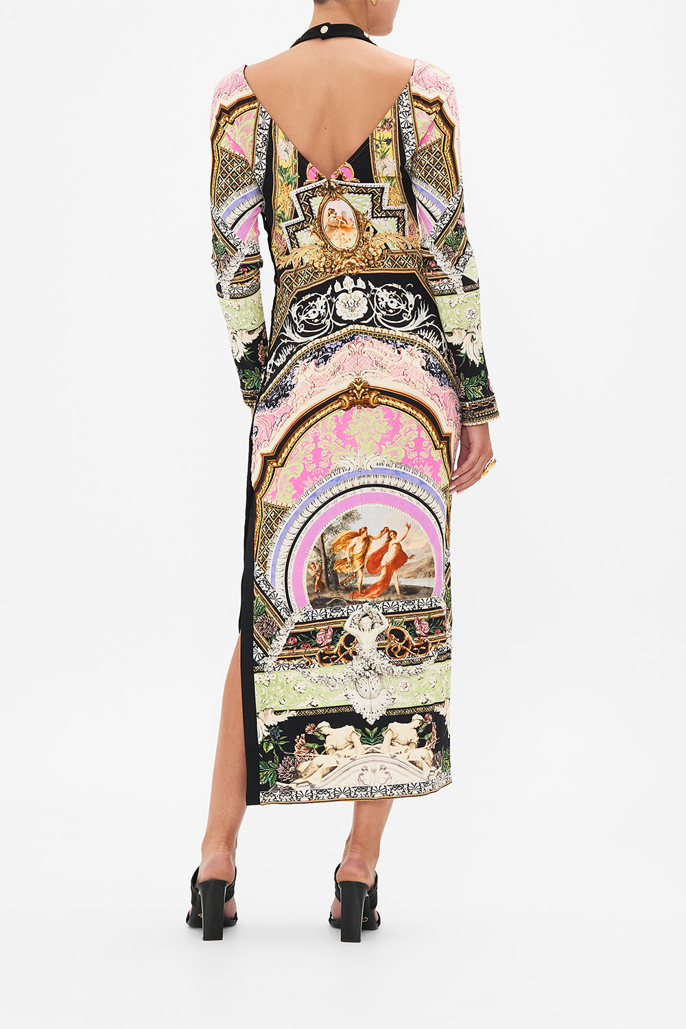 Back view of model wearing CAMILLA cut out jersey dress in Florence Field Day print