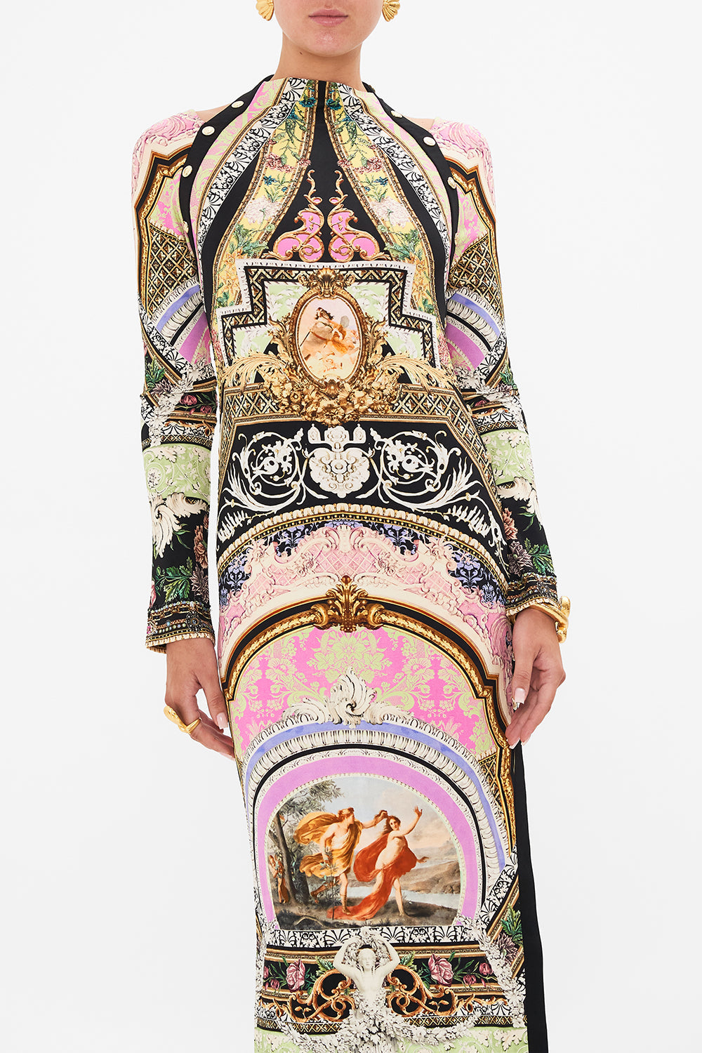 Crop view of model wearing CAMILLA cut out jersey dress in Florence Field Day print