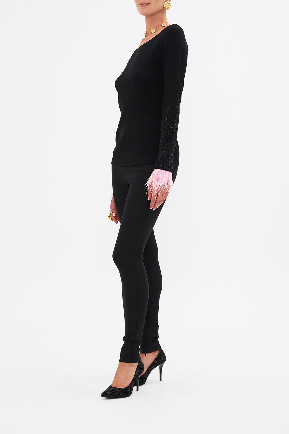 Side view of model wearing CAMILLA boat neck top in Florence Field Day print