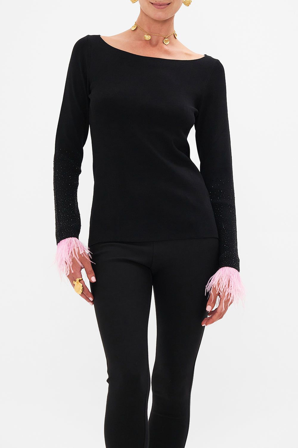 Crop view of model wearing CAMILLA boat neck top in Florence Field Day print