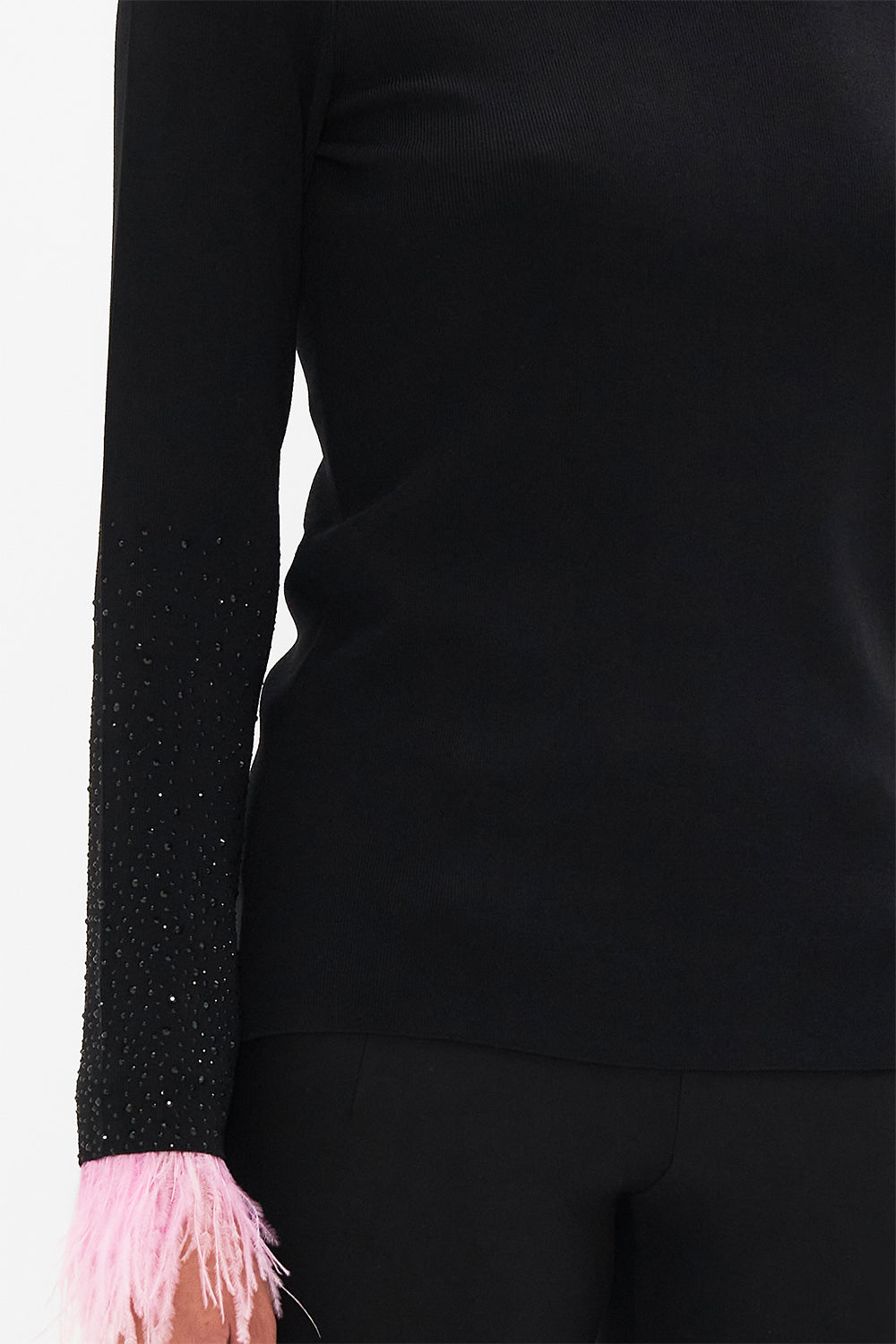 Detail view of model wearing CAMILLA boat neck top in Florence Field Day print