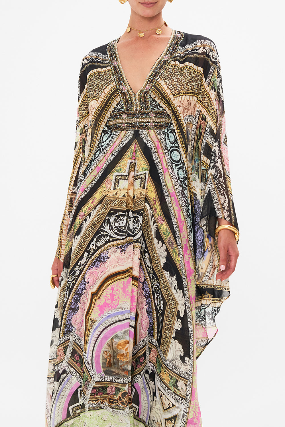 Crop  view of model wearing CAMILLA silk kaftan in Florence Field Day print 