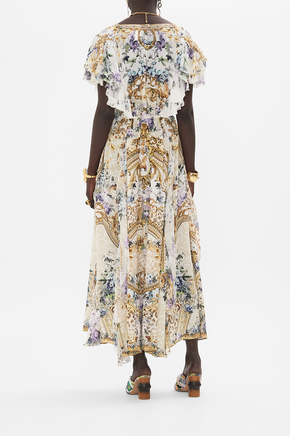 Back view of model wearing CAMILLA silk ruffle dress in Palazzo Play Date print