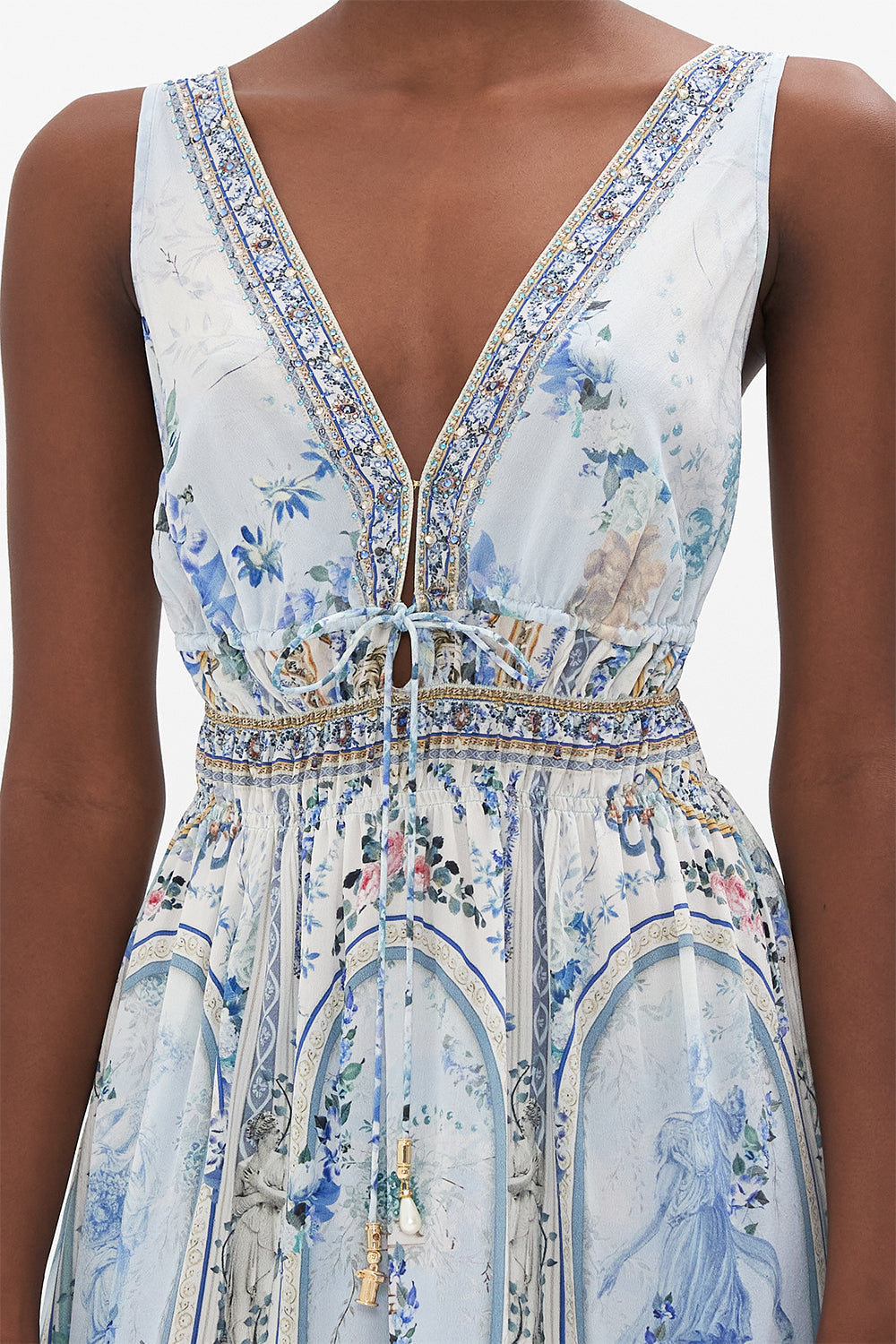 Detail view of model wearing CAMILLA silk mini dress in Season of tHe Siren print 