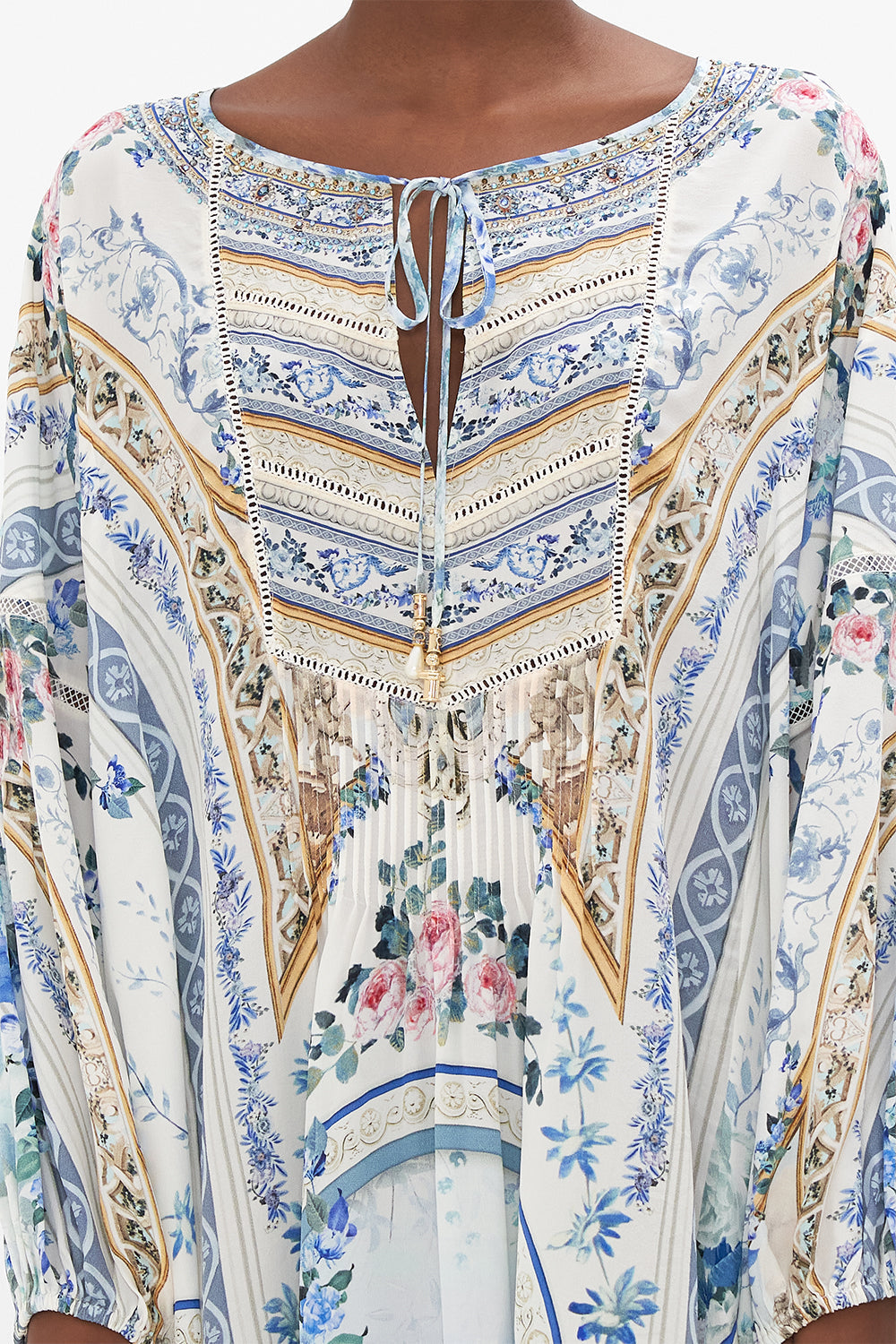 Detail view of model wearing CAMILLA a line silk dress in Season Of The Siren print