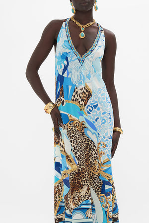 Crop view of model wearing CAMILLA silk dress in Sky Cheetah print 