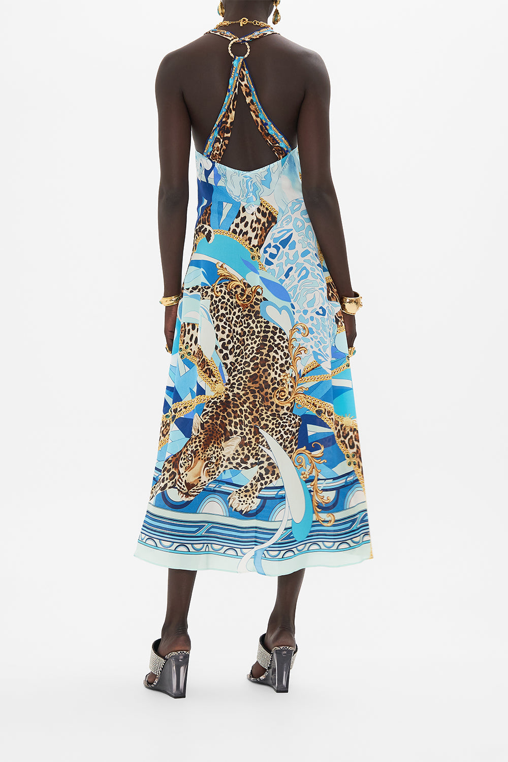 Back view of model wearing CAMILLA silk dress in Sky Cheetah print 