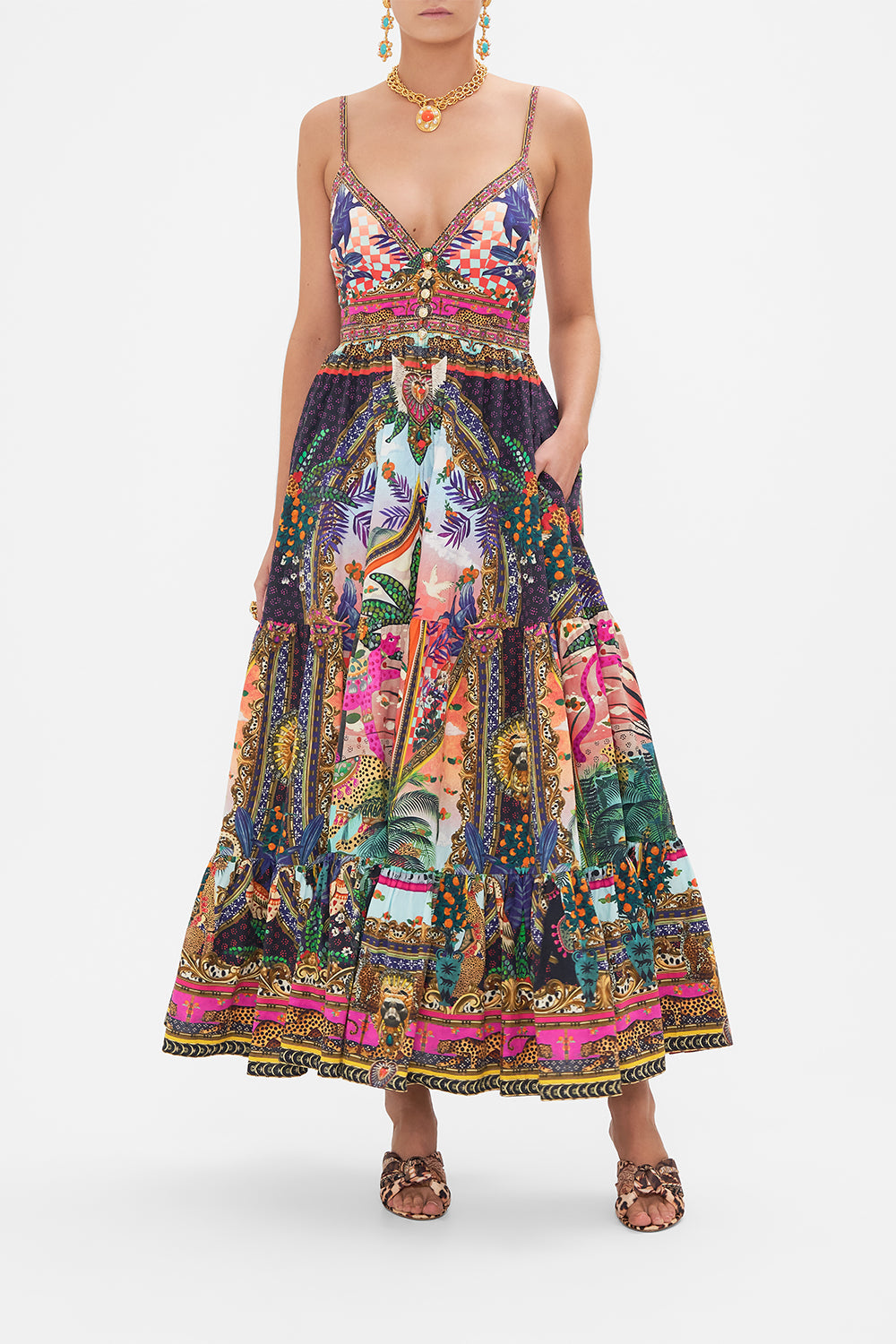 Front view of model wearing CAMILLA  printed cotton dress in Alessandro's Atlantis print