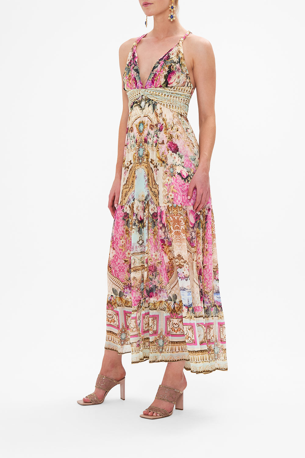 Side view of model wearing CAMILLA pink silk dress in Call of the Canal print 