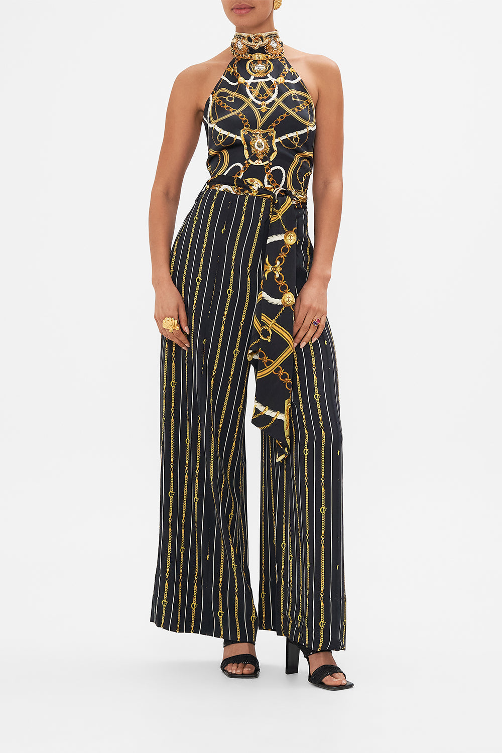 Front view of model wearing CAMILLA silk wide leg pant in Coast to Coast print