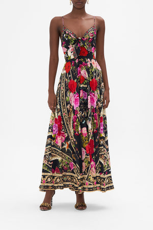 Front view of model wearing CAMILLA floral silk maxi dress in Reservation For Love print 